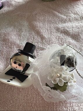 Hand Crafted Silver and White Snowman Bride & Groom Holiday Ornaments